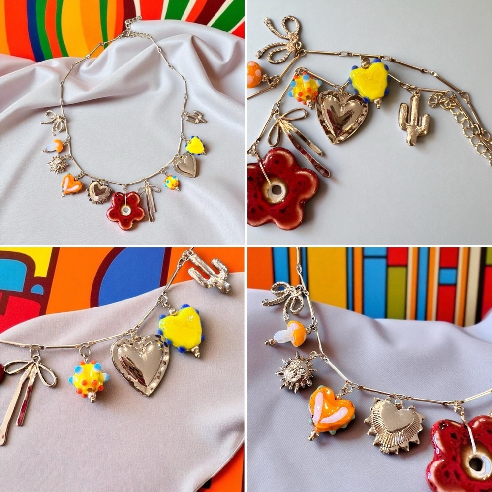 Vibrant Gold Toned Autumn inspired charm necklace Glass Ceramic Enamel charms - Picture 14 of 17